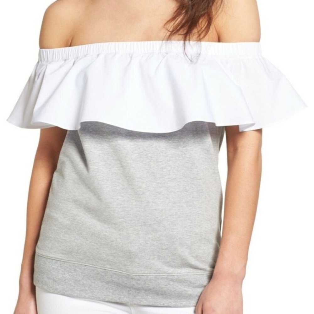 CHELSEA GRAY & WHITE RUFFLE OFF THE SHOULDER TOP L